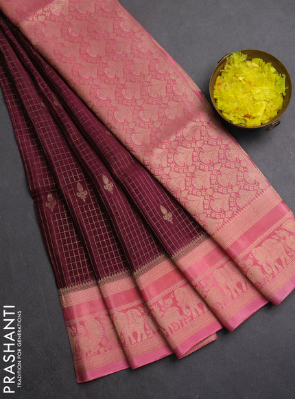Semi mysore silk saree wine shade and light pink with allover small zari checks & buttas and zari woven border