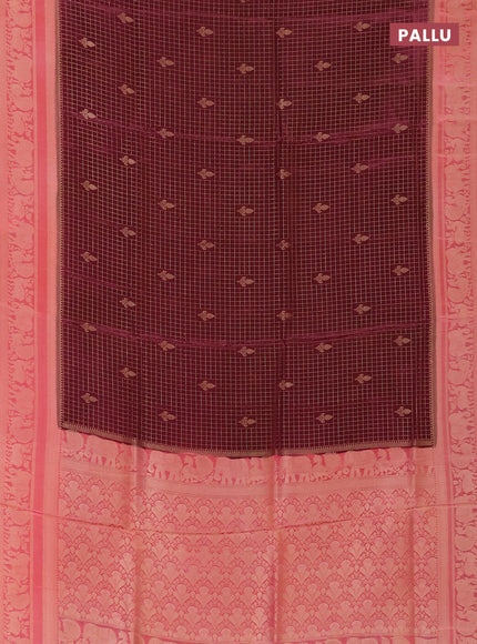 Semi mysore silk saree wine shade and light pink with allover small zari checks & buttas and zari woven border