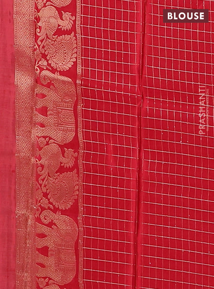 Semi mysore silk saree off white and red with allover small zari checks & buttas and zari woven border