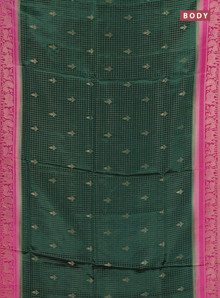 Semi mysore silk saree dark green and pink with allover small zari checks & buttas and zari woven border