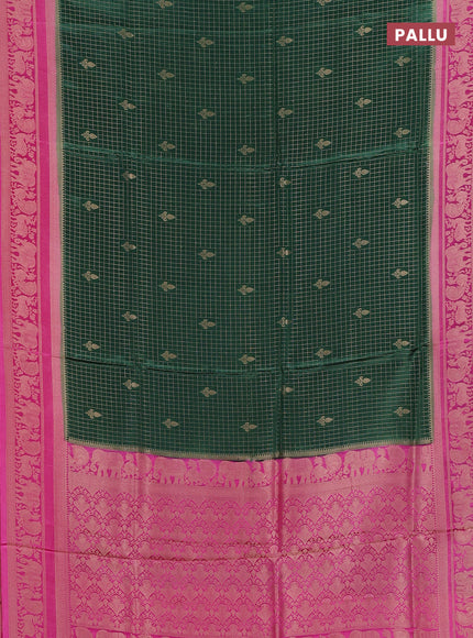 Semi mysore silk saree dark green and pink with allover small zari checks & buttas and zari woven border