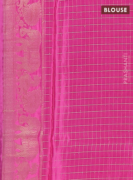 Semi mysore silk saree dark green and pink with allover small zari checks & buttas and zari woven border