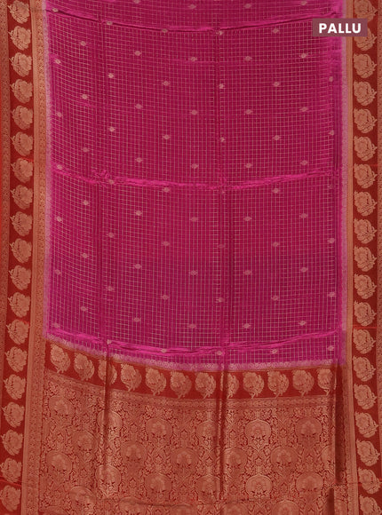 Semi mysore silk saree pink and red shade with allover small zari checks & buttas and floral zari woven border