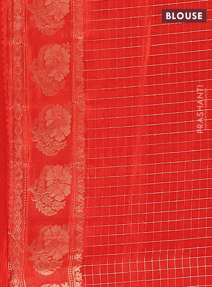 Semi mysore silk saree pink and red shade with allover small zari checks & buttas and floral zari woven border