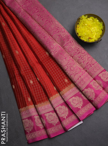 Semi mysore silk saree red and pink with allover small zari checks & buttas and floral zari woven border