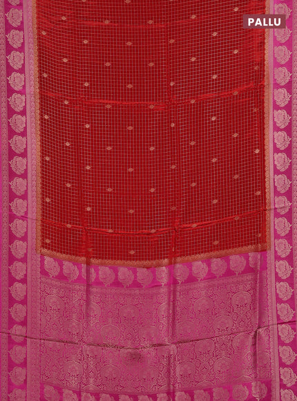 Semi mysore silk saree red and pink with allover small zari checks & buttas and floral zari woven border