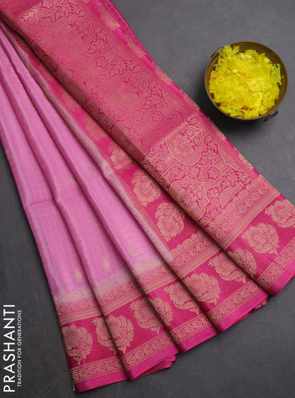 Semi mysore silk saree light pink and pink with allover small zari checks & buttas and floral zari woven border
