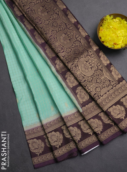 Semi mysore silk saree teal green and jamun shade with allover small zari checks & buttas and floral zari woven border