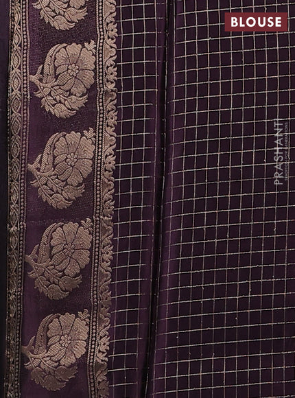 Semi mysore silk saree teal green and jamun shade with allover small zari checks & buttas and floral zari woven border