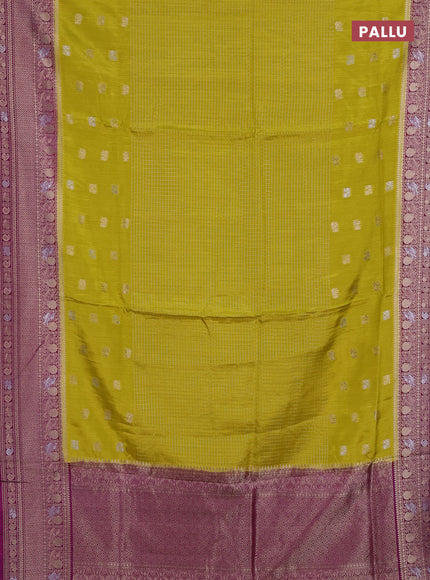Semi mysore silk saree lime yellow and purple with allover silver & gold zari woven buttas and zari woven border