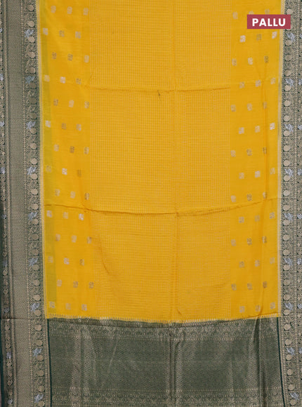 Semi mysore silk saree yellow and dark green with allover silver & gold zari woven buttas and zari woven border