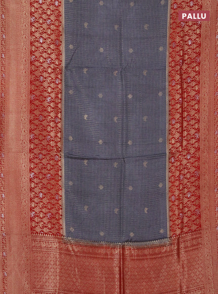 Semi mysore silk saree grey and maroon with allover small zari checks & buttas and long zari woven border