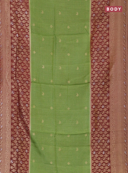 Semi mysore silk saree green and deep maroon with allover small zari checks & buttas and long zari woven border
