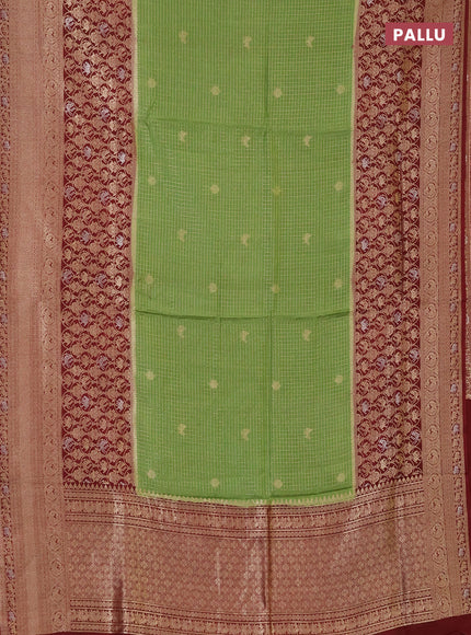 Semi mysore silk saree green and deep maroon with allover small zari checks & buttas and long zari woven border
