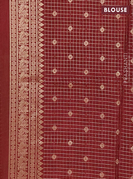 Semi mysore silk saree green and deep maroon with allover small zari checks & buttas and long zari woven border