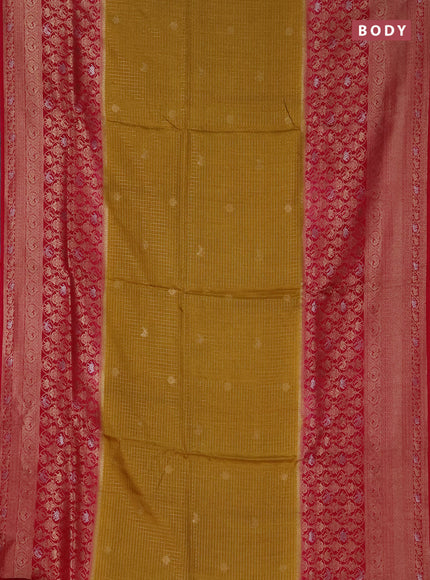 Semi mysore silk saree mustard yellow and pink with allover small zari checks & buttas and long zari woven border