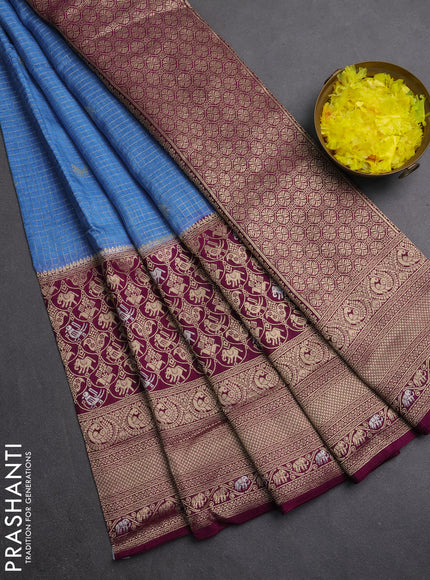 Semi mysore silk saree pastel blue and purple with allover small zari checks & buttas and long zari woven border