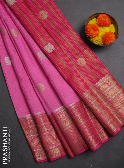 Semi mysore silk saree light pink and pink with allover small zari checks & buttas and long zari woven border