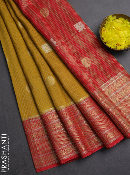 Semi mysore silk saree mustard yellow and red with allover small zari checks & buttas and long zari woven border