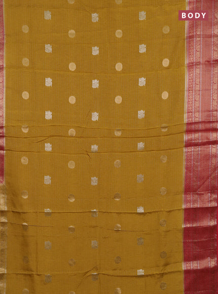 Semi mysore silk saree mustard yellow and red with allover small zari checks & buttas and long zari woven border