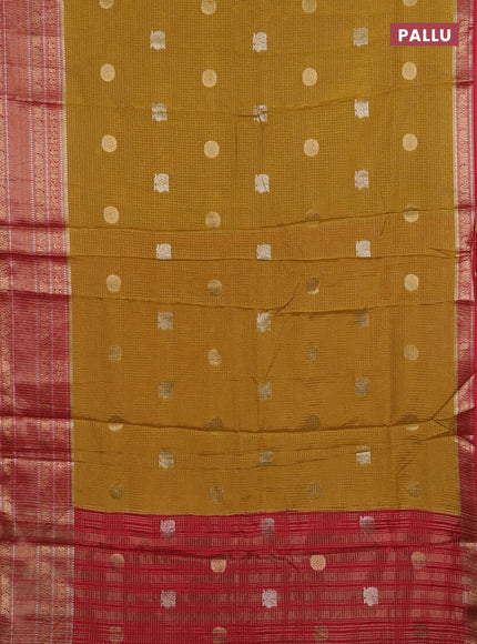 Semi mysore silk saree mustard yellow and red with allover small zari checks & buttas and long zari woven border