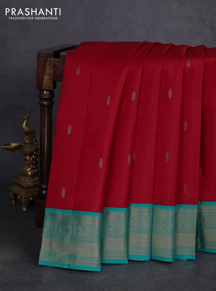 Pure kanchipuram silk saree red and teal green with zari woven buttas and temple design zari woven korvai border