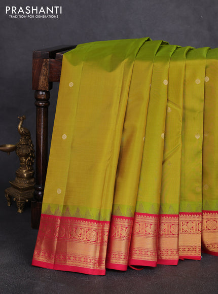 Pure kanchipuram silk saree lime green and red with zari woven buttas and temple design zari woven border