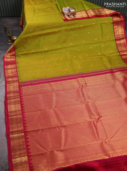 Pure kanchipuram silk saree lime green and red with zari woven buttas and temple design zari woven border