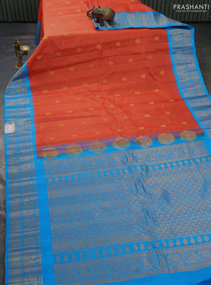 Pure gadwal silk saree orange and teal blue with allover checks & zari buttas and temple design zari woven border