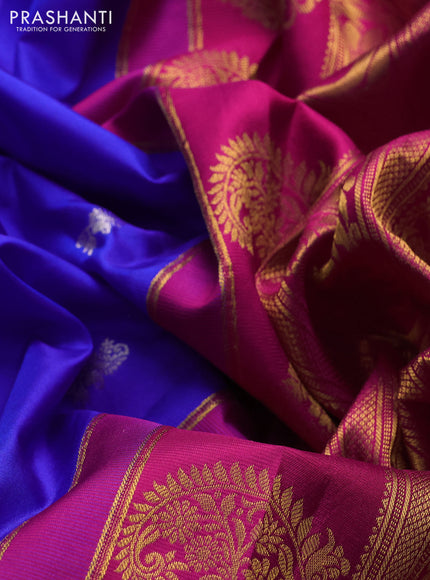 Pure gadwal silk saree royal blue and dark pink with allover silver & zari woven buttas and rettapet zari woven korvai butta border