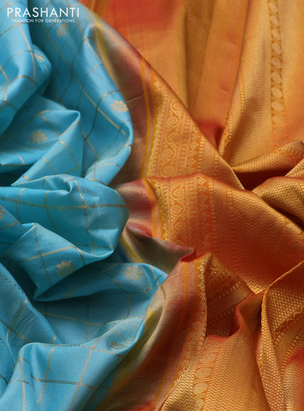 Pure gadwal silk saree teal blue and sunset orange with allover zari checks & buttas and rettapet zari woven border