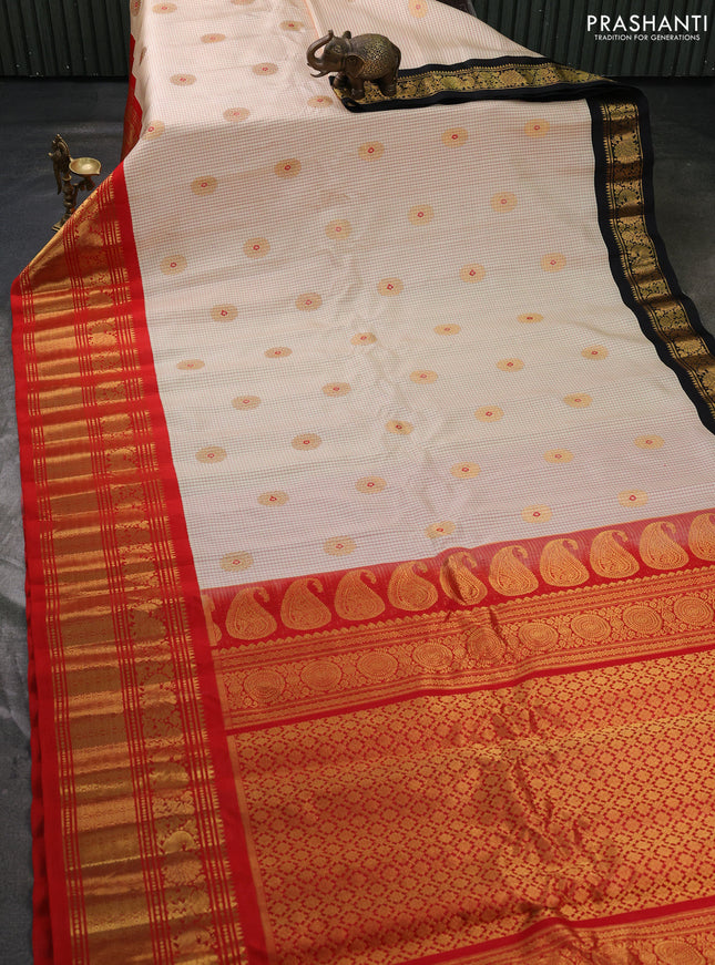 Pure gadwal silk saree cream and red with allover checks & zari woven buttas and ganga jamuna border