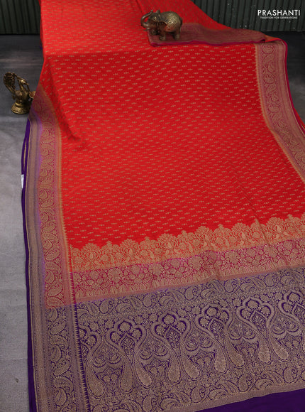 Banarasi crepe saree orange and violet with allover thread & zari woven buttas and woven border