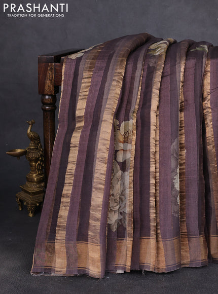 Organza tissue tussar silk saree rosy brown with allover zari stripe pattern & floral prints and zari woven border