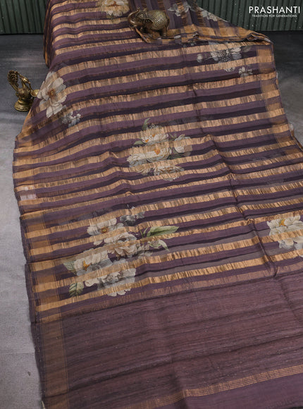Organza tissue tussar silk saree rosy brown with allover zari stripe pattern & floral prints and zari woven border