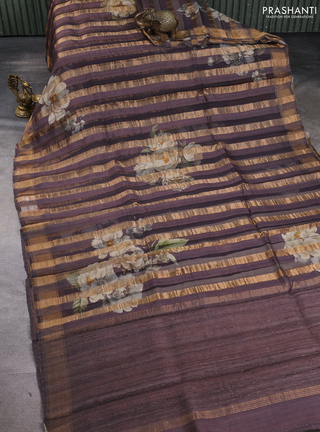 Organza tissue tussar silk saree rosy brown with allover zari stripe pattern & floral prints and zari woven border