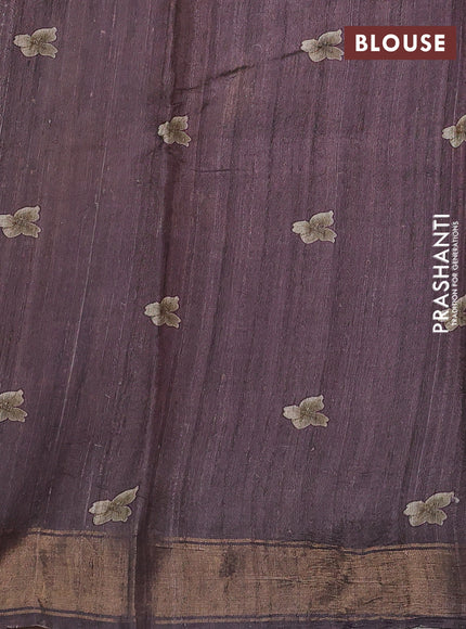 Organza tissue tussar silk saree rosy brown with allover zari stripe pattern & floral prints and zari woven border