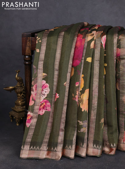 Organza tissue tussar silk saree sap green with allover zari stripe pattern & floral prints and zari woven border