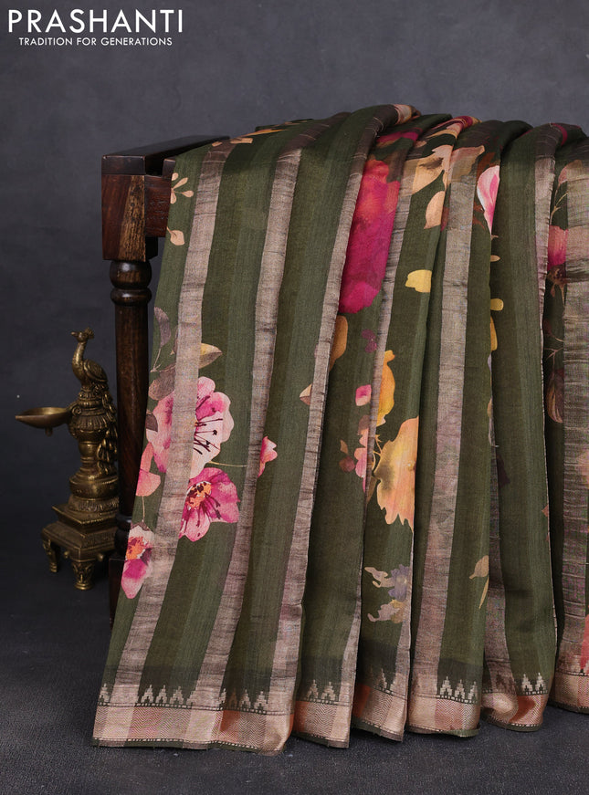 Organza tissue tussar silk saree sap green with allover zari stripe pattern & floral prints and zari woven border