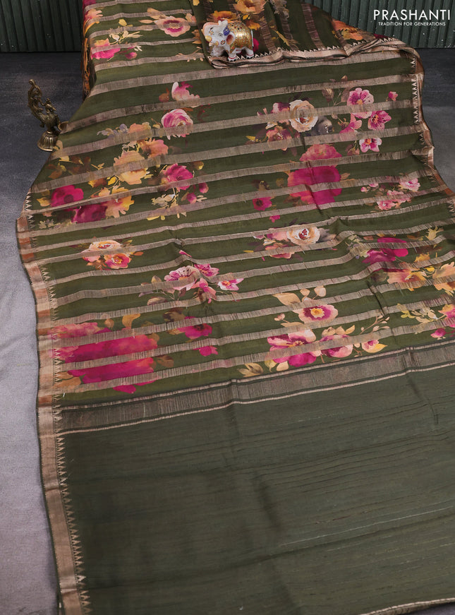 Organza tissue tussar silk saree sap green with allover zari stripe pattern & floral prints and zari woven border