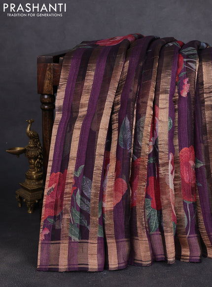 Organza tissue tussar silk saree purple with allover zari stripe pattern & floral prints and zari woven border