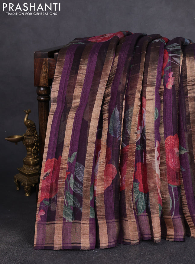 Organza tissue tussar silk saree purple with allover zari stripe pattern & floral prints and zari woven border