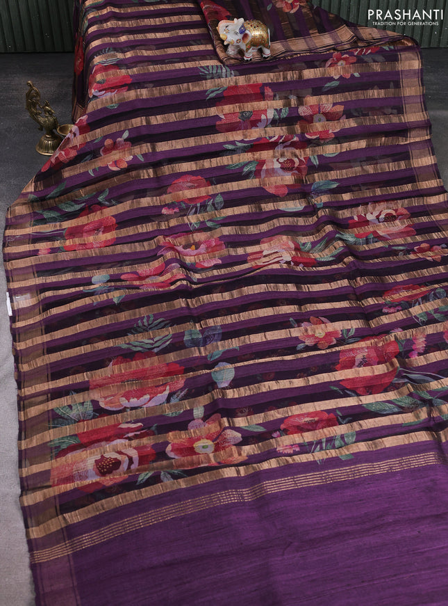 Organza tissue tussar silk saree purple with allover zari stripe pattern & floral prints and zari woven border