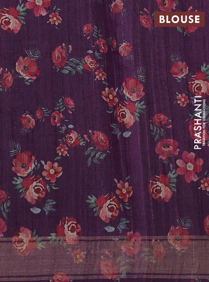 Organza tissue tussar silk saree purple with allover zari stripe pattern & floral prints and zari woven border