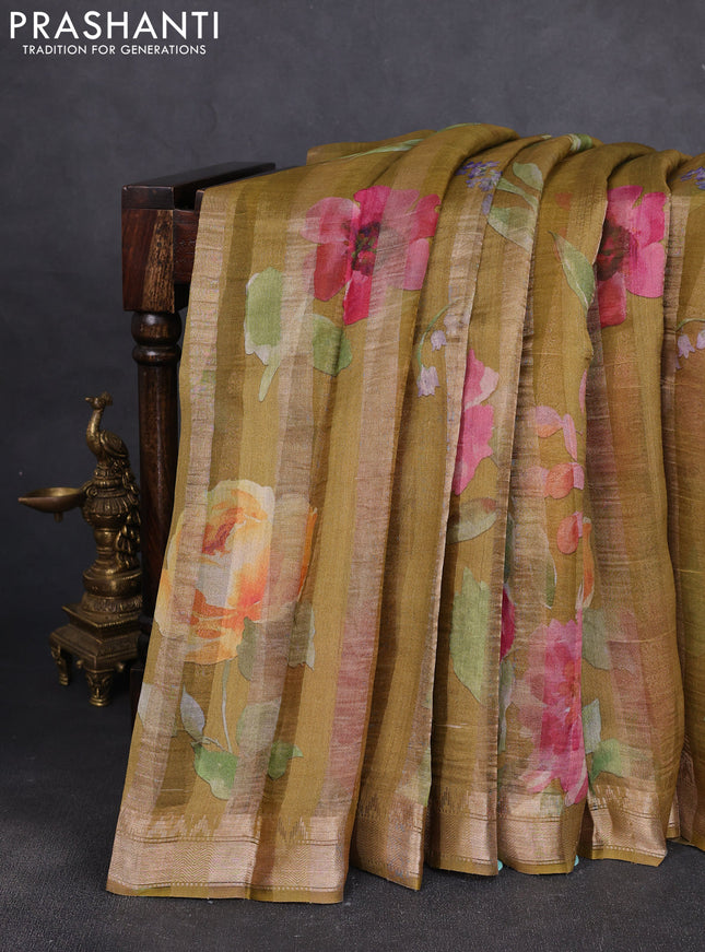 Organza tissue tussar silk saree mustard green with allover zari stripe pattern & floral prints and zari woven border