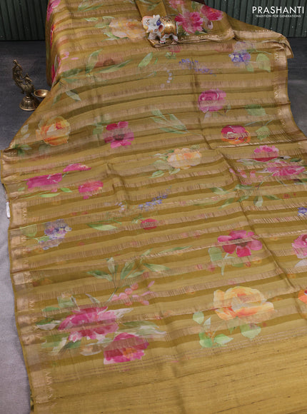 Organza tissue tussar silk saree mustard green with allover zari stripe pattern & floral prints and zari woven border