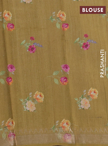 Organza tissue tussar silk saree mustard green with allover zari stripe pattern & floral prints and zari woven border