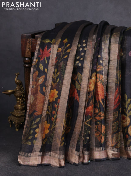 Organza tissue tussar silk saree black with allover zari stripe pattern & kalamkari prints and zari woven border
