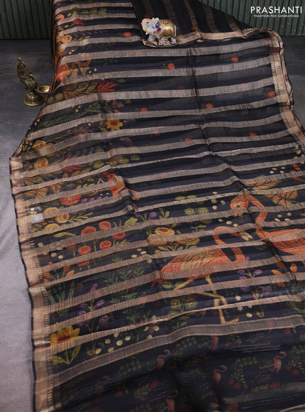 Organza tissue tussar silk saree black with allover zari stripe pattern & kalamkari prints and zari woven border