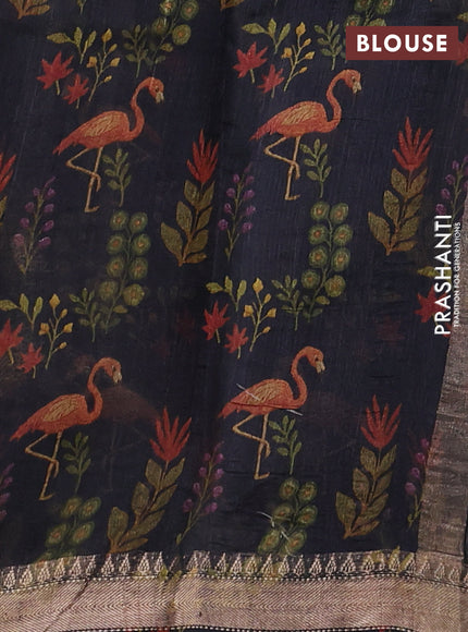 Organza tissue tussar silk saree black with allover zari stripe pattern & kalamkari prints and zari woven border